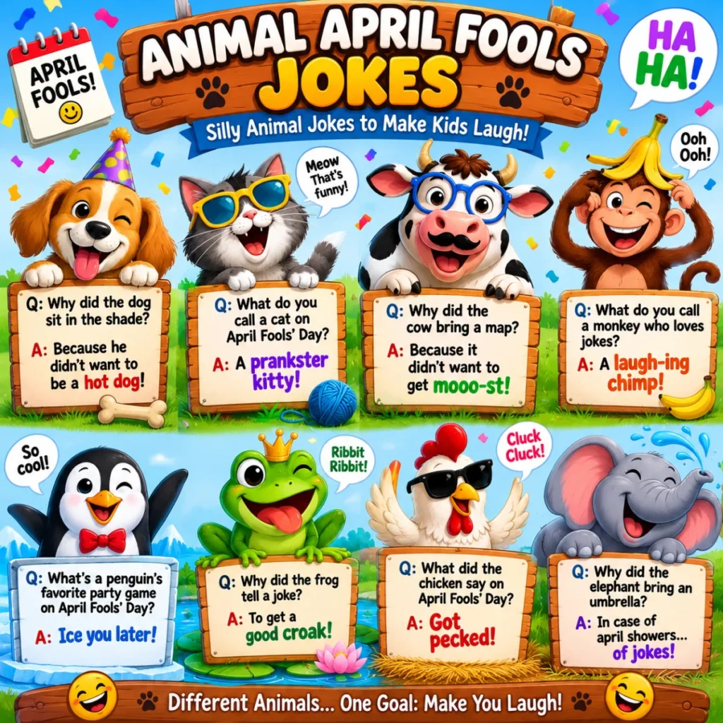 Bright cartoon-style infographic titled "Why Kids Love April Fools Jokes" with happy children, smiling emojis, confetti, and colorful panels explaining how playful jokes bring laughter, creativity, friendship, and fun.