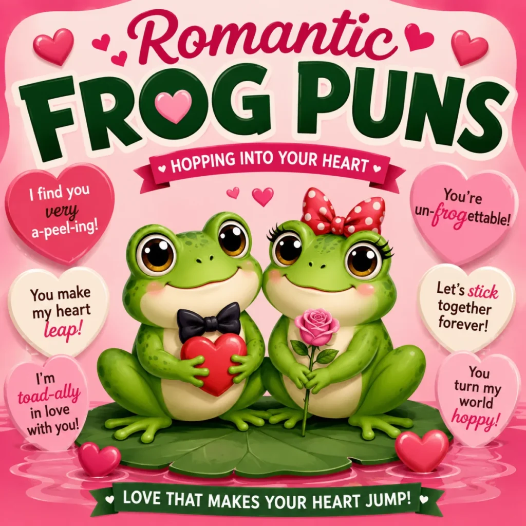 Bright 1200×1200 cartoon graphic featuring smiling frogs on lily pads with clever frog wordplay, humorous speech bubbles, blooming water lilies, and a colorful pond scene designed for fun and laughter.