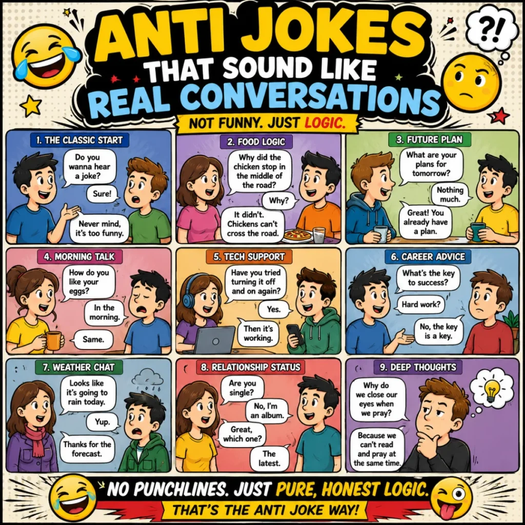 Bright 1920×1080 cover graphic for “120 Funny Anti Jokes That Will Catch You Off Guard” featuring comic-book typography, cheerful emojis, and colorful anti-joke panels.