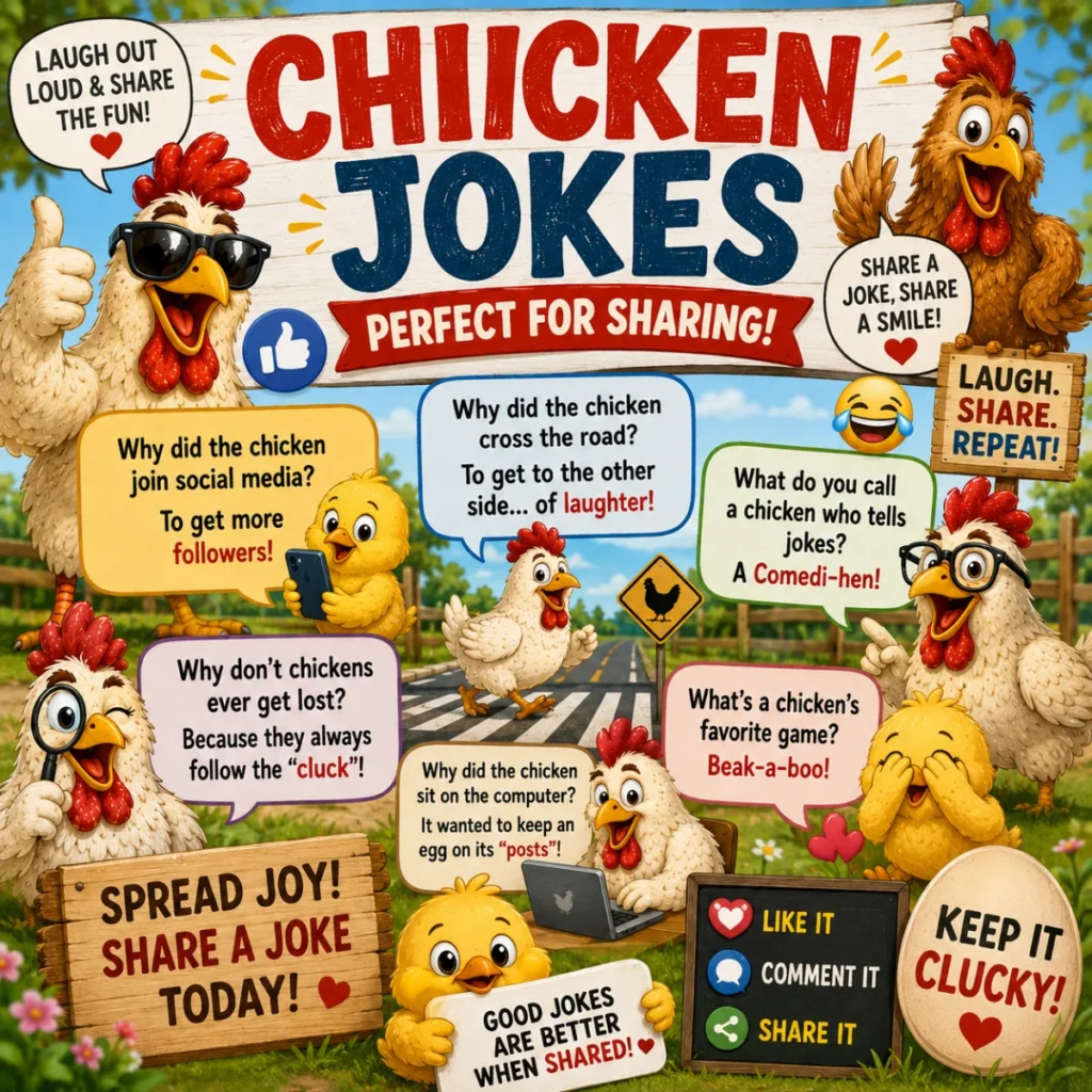 Colorful 1200×1200 illustration of happy cartoon chickens sharing funny jokes through comic speech bubbles, surrounded by laughing emojis, chat icons, and a cheerful farm background perfect for social sharing.