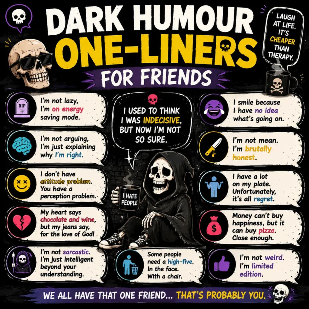 Comic-style 1200×1200 illustration featuring a smartphone with fictional dark humour jokes, cartoon skeletons, skull graphics, expressive speech bubbles, and neon highlights on a textured black background for social media.
