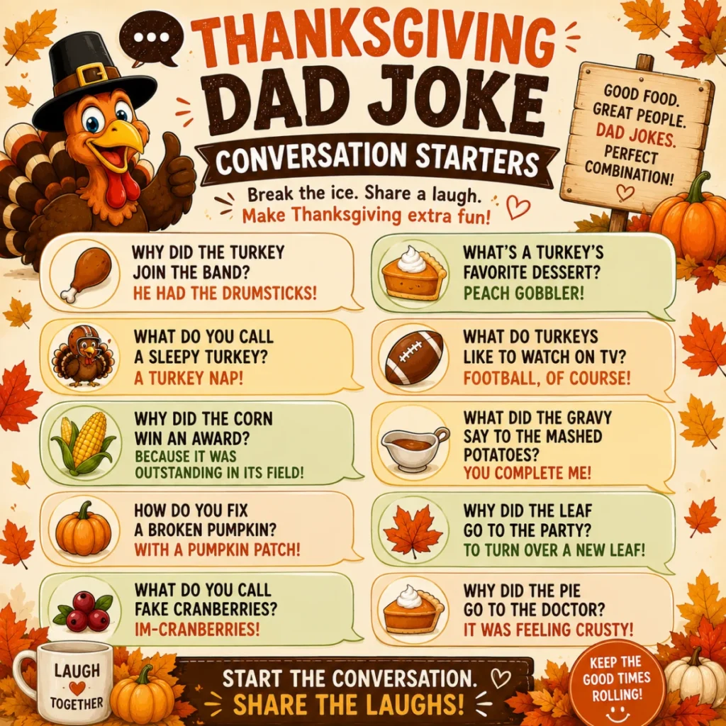 Festive 1200×1200 illustration of Thanksgiving dad joke conversation starters featuring a smiling turkey, colorful speech bubbles, pumpkins, pie, autumn leaves, and cozy holiday table decorations.