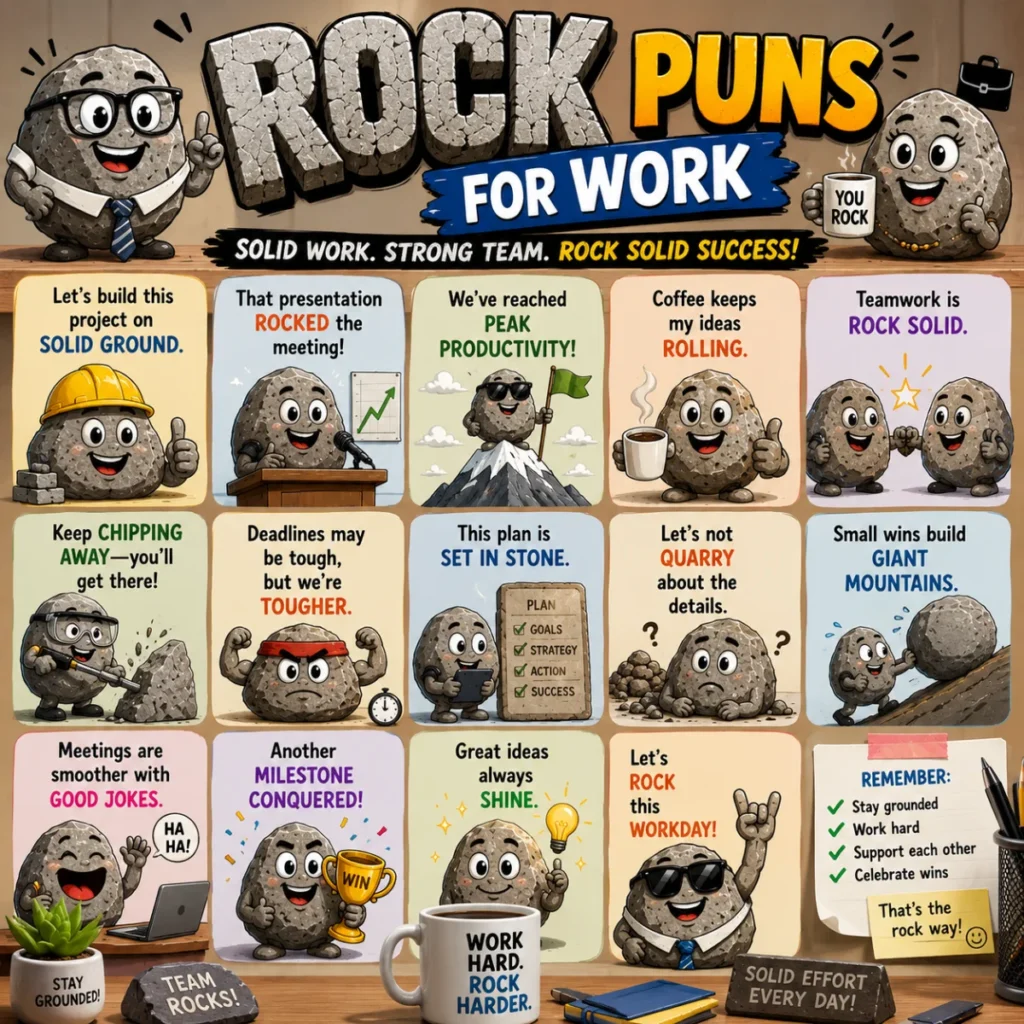 Colorful 1200×1200 cartoon artwork featuring happy rocks, sparkling gemstones, hearts, and funny rock-themed pick-up lines with a romantic and playful design.