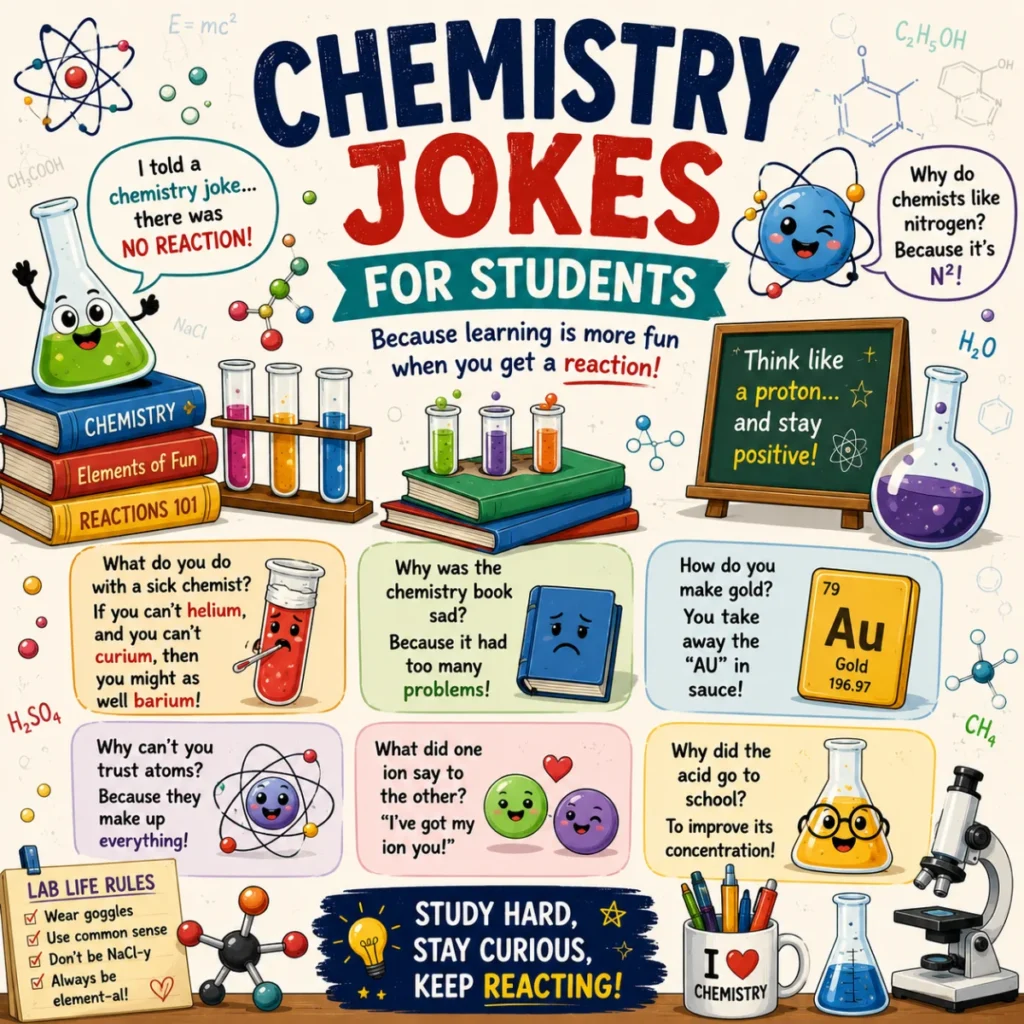 Colorful 1200×1200 infographic featuring funny science one-liners with cartoon scientists, laboratory glassware, atoms, microscopes, molecules, and humorous speech bubbles in a playful classroom setting.