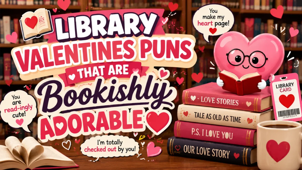 A colorful Valentine's Day library banner featuring heart-shaped books, cute reading characters, romantic books, and playful library-themed puns in a cozy library setting.
