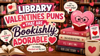 A colorful Valentine's Day library banner featuring heart-shaped books, cute reading characters, romantic books, and playful library-themed puns in a cozy library setting.