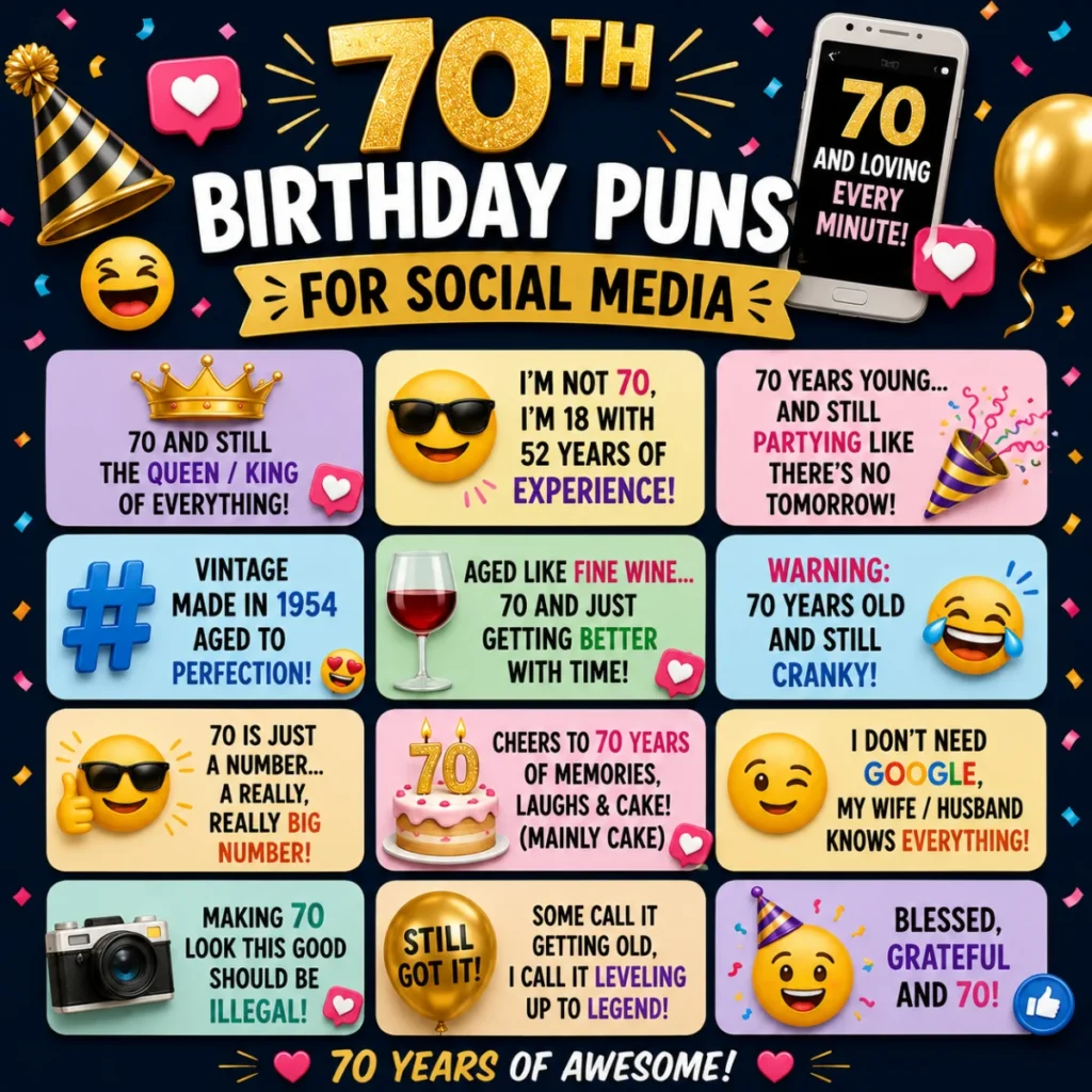 Square celebratory poster featuring colorful share-worthy and office-friendly 70th birthday puns with gold balloons, confetti, cakes, coffee mugs, trophies, and cheerful icons.