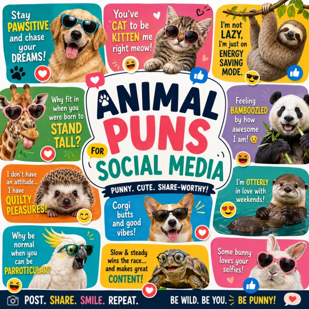 Bright 1200×1200 graphic showcasing funny animal one-liners with cute cartoon wildlife, colorful speech bubbles, playful expressions, and humorous puns in a lively comic-style layout.