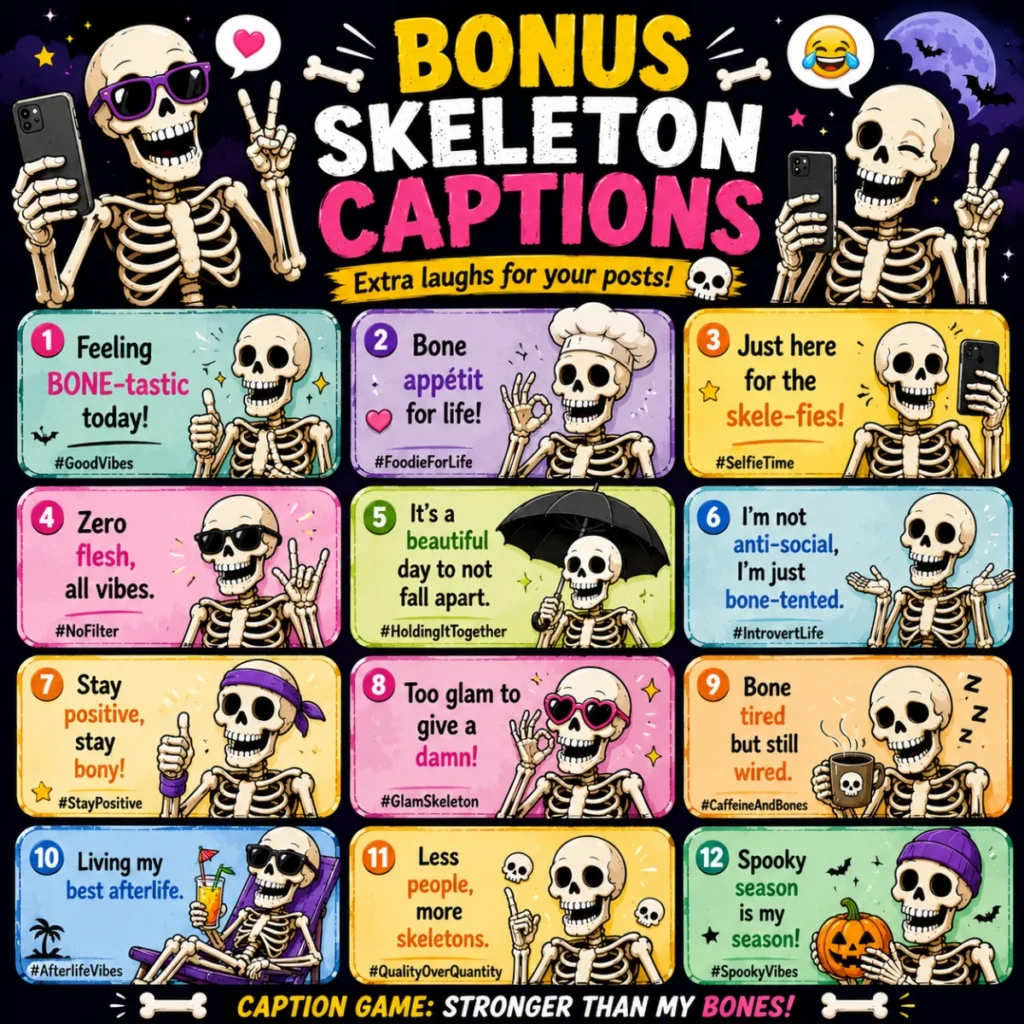 Vibrant 1200×1200 graphic for Bonus Skeleton Captions featuring cartoon skeletons, speech bubbles, spooky Halloween decorations, and playful comic-style typography.