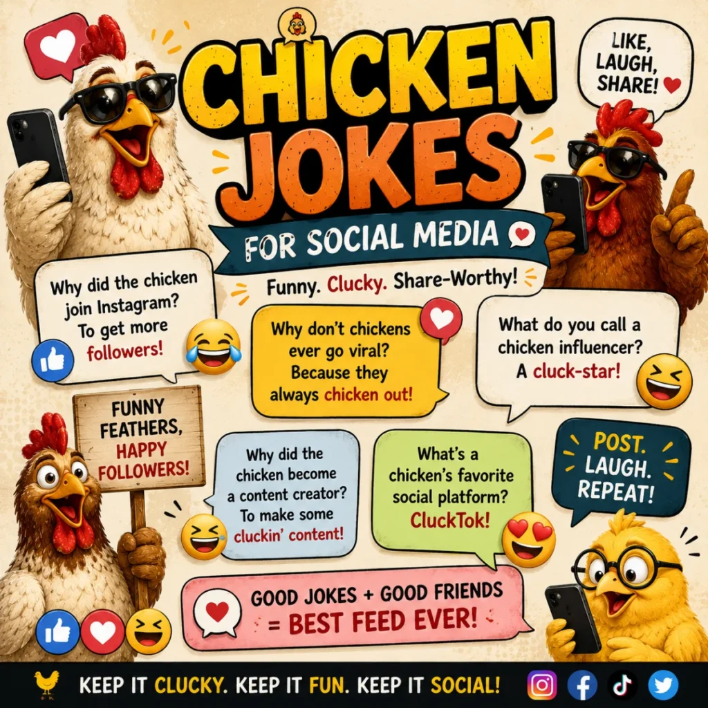 Bright 1200×1200 graphic featuring happy cartoon chickens exchanging funny jokes with comic speech bubbles, social media symbols, hearts, and laughing emojis in a playful farm setting.