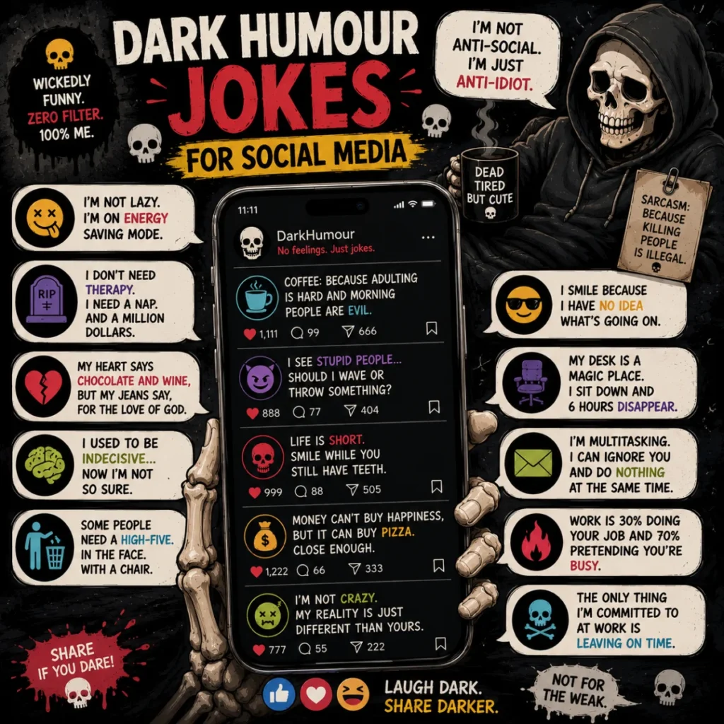 1200×1200 square graphic featuring a smartphone with fictional dark humour jokes, surrounded by cartoon skeletons, skull icons, comic-style speech bubbles, emojis, and neon effects on a dark textured background.