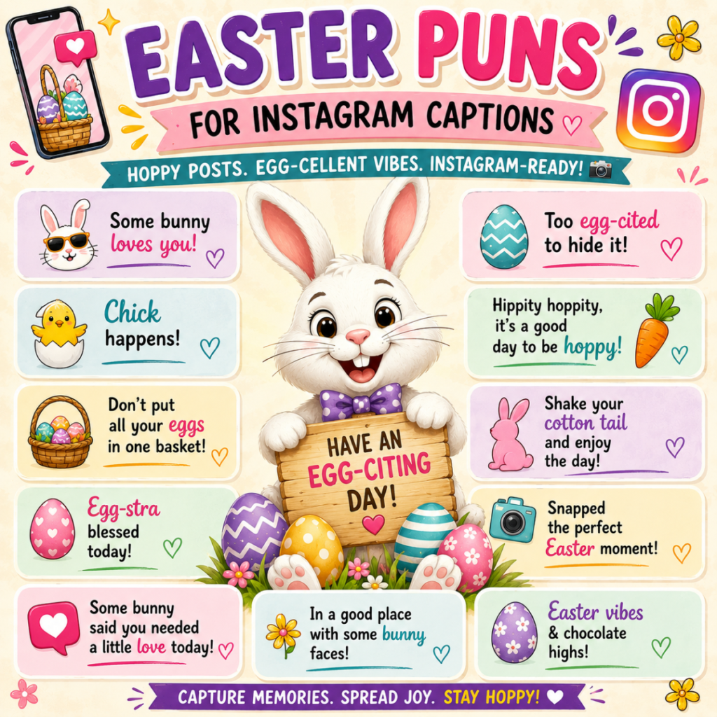 Happy Easter bunny surrounded by colorful spring flowers, decorated Easter eggs, butterflies, and funny spring-themed Easter puns in a cheerful seasonal illustration.