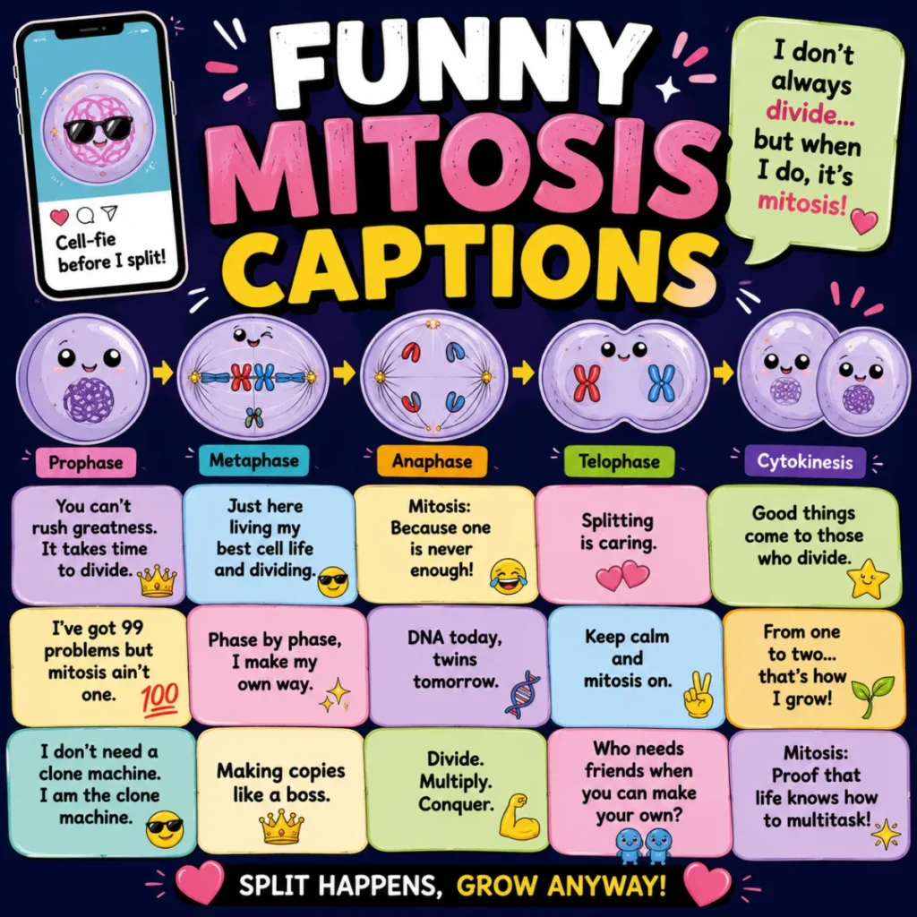 Bright 1920×1080 cartoon banner of funny mitosis jokes featuring animated cells dividing, DNA strands, chromosomes, microscopes, colorful lab equipment, and smiling science characters in a playful educational scene.