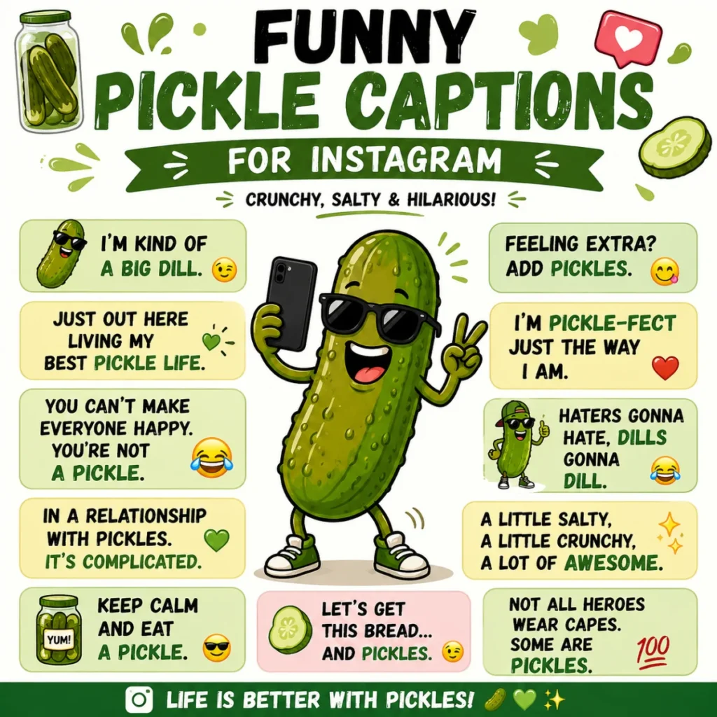 Bright 1920×1080 illustration of funny pickle puns featuring happy cartoon pickles, pickle jars, fresh dill, playful speech bubbles, and colorful comic-style lettering on a cheerful green background.