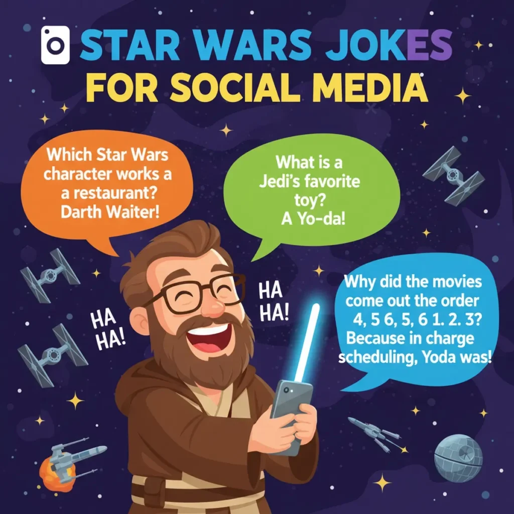 Vibrant galaxy-themed square graphic featuring a smartphone with funny Star Wars-inspired jokes, colorful planets, stars, spaceships, lightsabers, and cartoon sci-fi characters designed for social media.