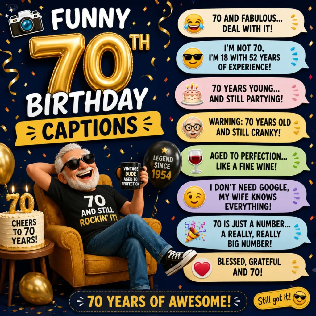 Festive 1200×1200 graphic showcasing humorous, family-friendly 70th birthday puns with gold balloons, confetti, celebratory icons, and office-themed illustrations in a bright, shareable layout.