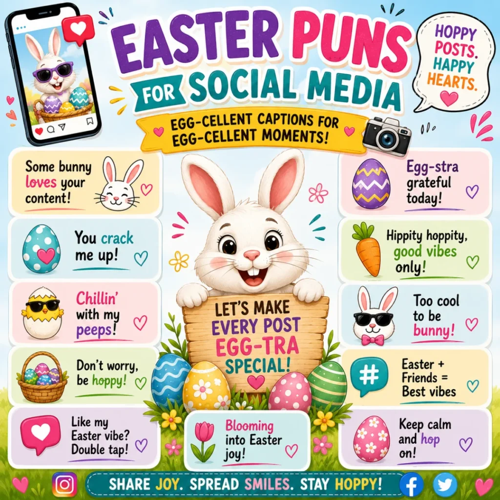 Cute Easter bunny with colorful Easter eggs, spring flowers, and funny Easter puns designed for social media posts and seasonal sharing.