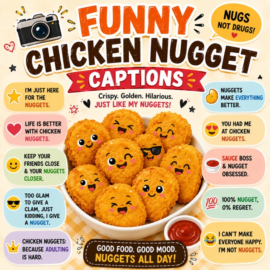 Bright 1200×1200 graphic showcasing quick-fire chicken nugget jokes with cheerful cartoon nuggets, crispy textures, dipping sauces, and comic-style humor.