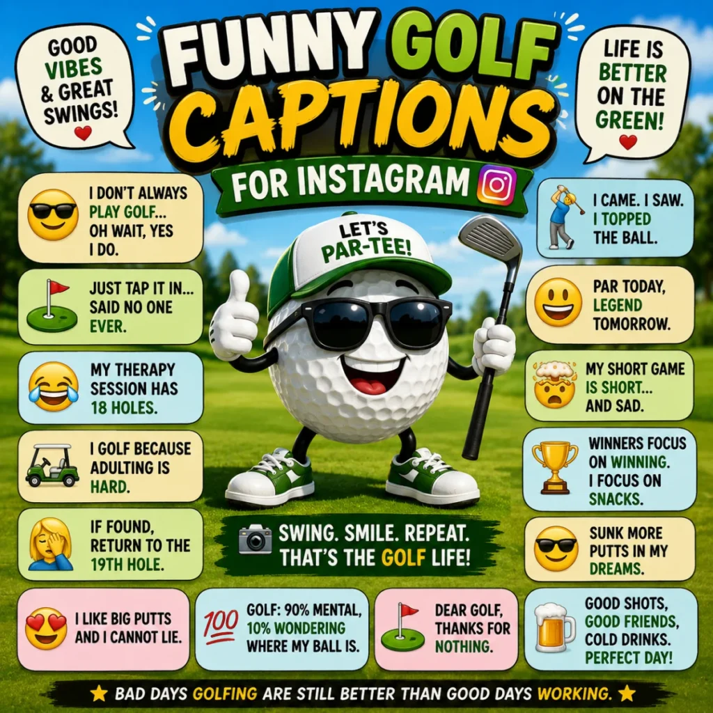 Colorful 1200×1200 cartoon-style graphic of golfers sharing funny conversation starters on a sunny golf course with smiling golf balls, speech bubbles, golf clubs, flags, and playful puns.