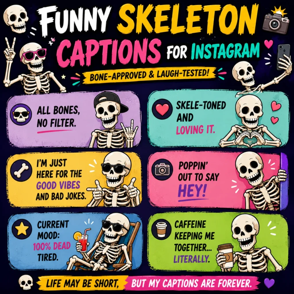 Funny skeleton captions graphic with cartoon skeletons taking selfies, Halloween decorations, and bold comic lettering for Instagram caption ideas.