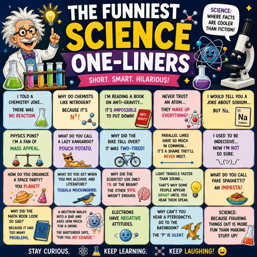 Bright 1200×1200 square illustration featuring funny science one-liners with cartoon scientists, bubbling beakers, colorful test tubes, atoms, DNA strands, microscopes, and playful comic-style speech bubbles.