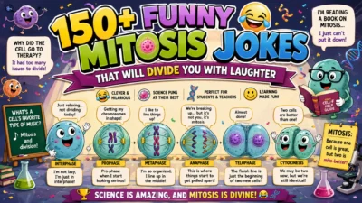 Colorful 1920×1080 banner featuring funny mitosis jokes with smiling cartoon cells, chromosomes, DNA strands, laboratory equipment, and playful biology-themed humor in a bright classroom setting.