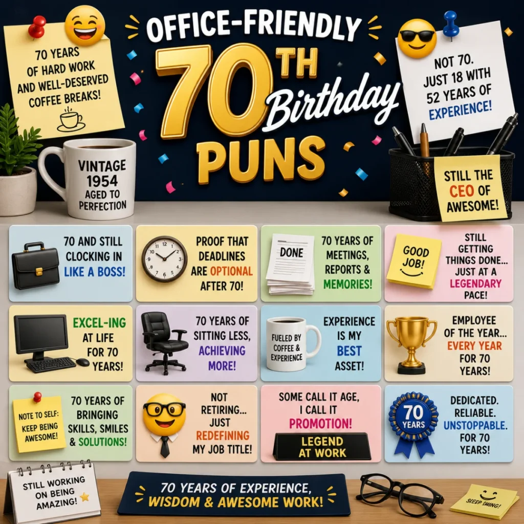 Bright square birthday infographic featuring festive 70th birthday puns with gold balloons, confetti, celebratory icons, and colorful panels of share-worthy and office-friendly jokes.