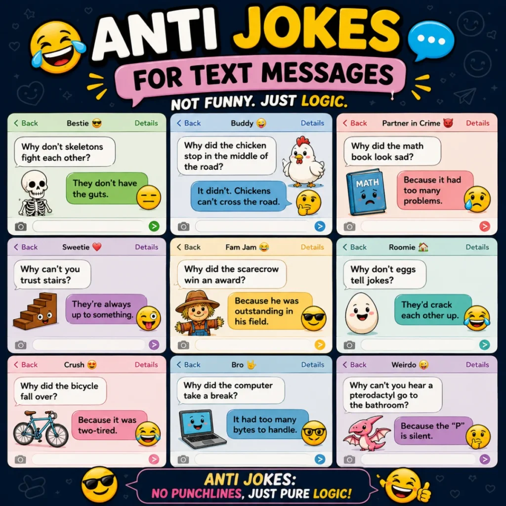 Vibrant 1920×1080 feature image for “120 Funny Anti Jokes That Will Catch You Off Guard” showcasing playful comic-style text, smiling emojis, and colorful anti-joke panels.