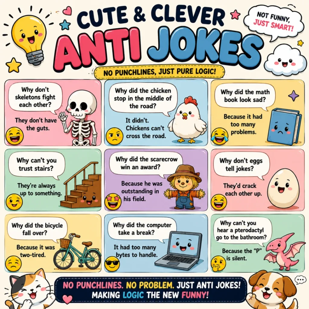 Eye-catching 1920×1080 banner for “120 Funny Anti Jokes That Will Catch You Off Guard” with bold comic lettering, playful emojis, and a colorful collage of anti-joke cards.