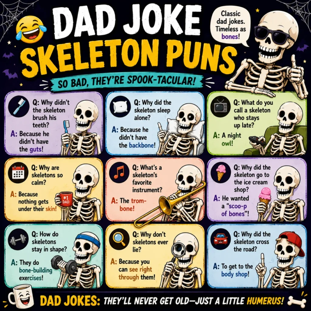Square 1200×1200 illustration featuring funny skeleton Instagram captions with playful cartoon skeletons, spooky Halloween icons, and vibrant comic-style text.