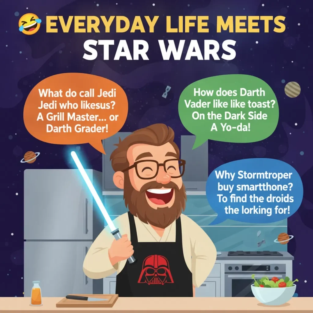 Square illustration of a smartphone displaying funny Star Wars-inspired jokes, surrounded by cartoon spaceships, stars, planets, lightsabers, and cheerful sci-fi characters on a colorful galaxy background.