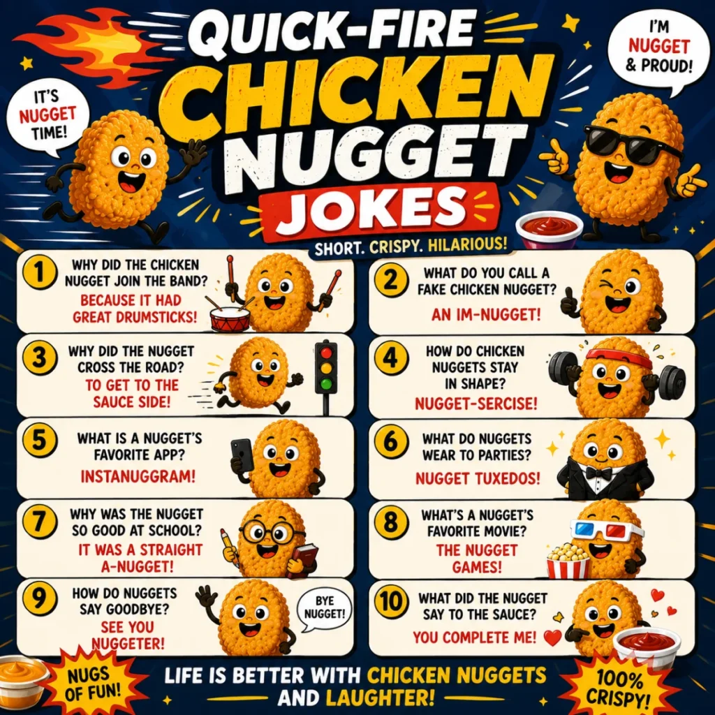 Vibrant 1200×1200 artwork featuring Quick-Fire Chicken Nugget Jokes with cheerful cartoon chicken nuggets, crispy golden bites, dipping sauces, and colorful comic-style speech bubbles.