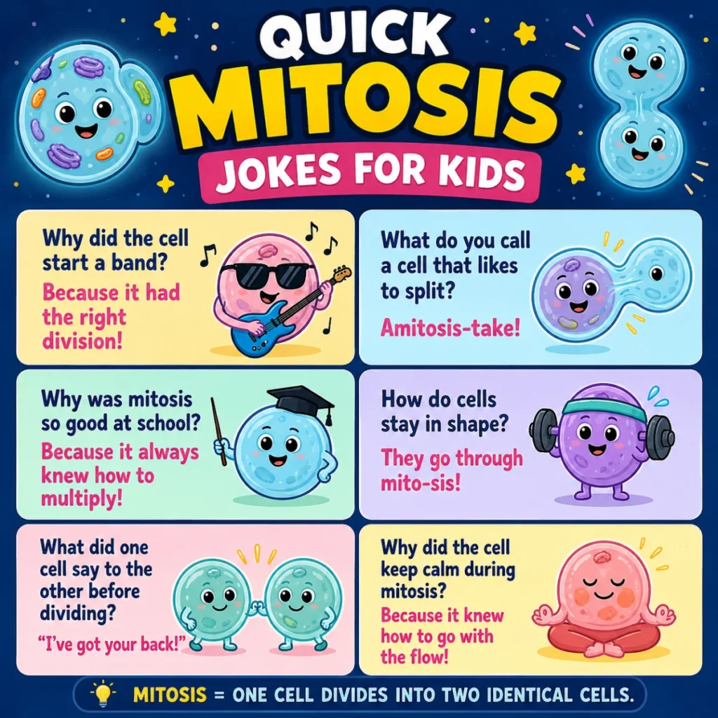 Colorful 1920×1080 cartoon banner illustrating funny mitosis jokes with happy dividing cells, chromosomes, DNA strands, microscopes, beakers, and playful science-themed humor in a classroom setting.