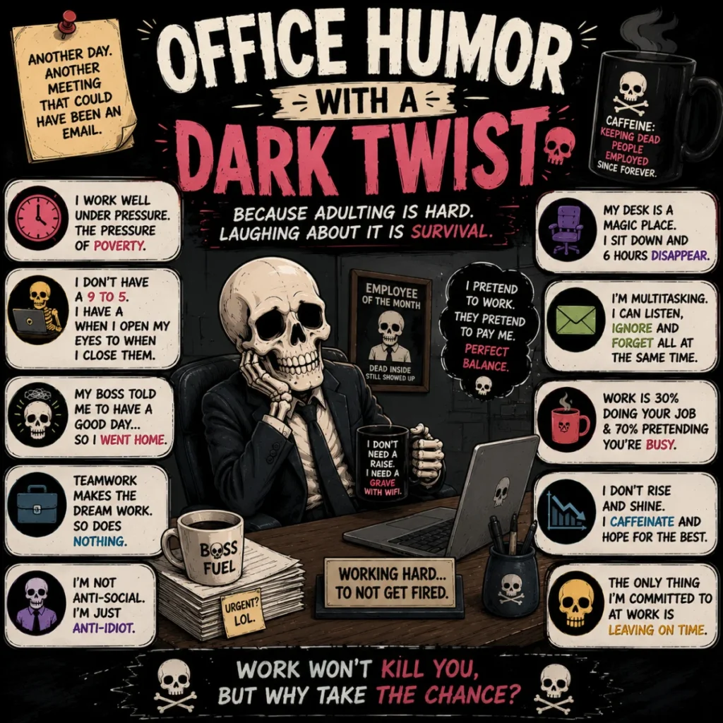 Creative 1200×1200 square illustration of a smartphone displaying fictional dark humour jokes, surrounded by cartoon skeletons, skull icons, comic speech bubbles, emojis, and vibrant neon elements on a textured dark background.