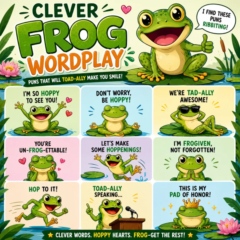 Colorful 1200×1200 illustration of happy cartoon frogs sharing clever wordplay, featuring lily pads, pond flowers, playful speech bubbles, and humorous frog-themed puns in a bright, family-friendly design.