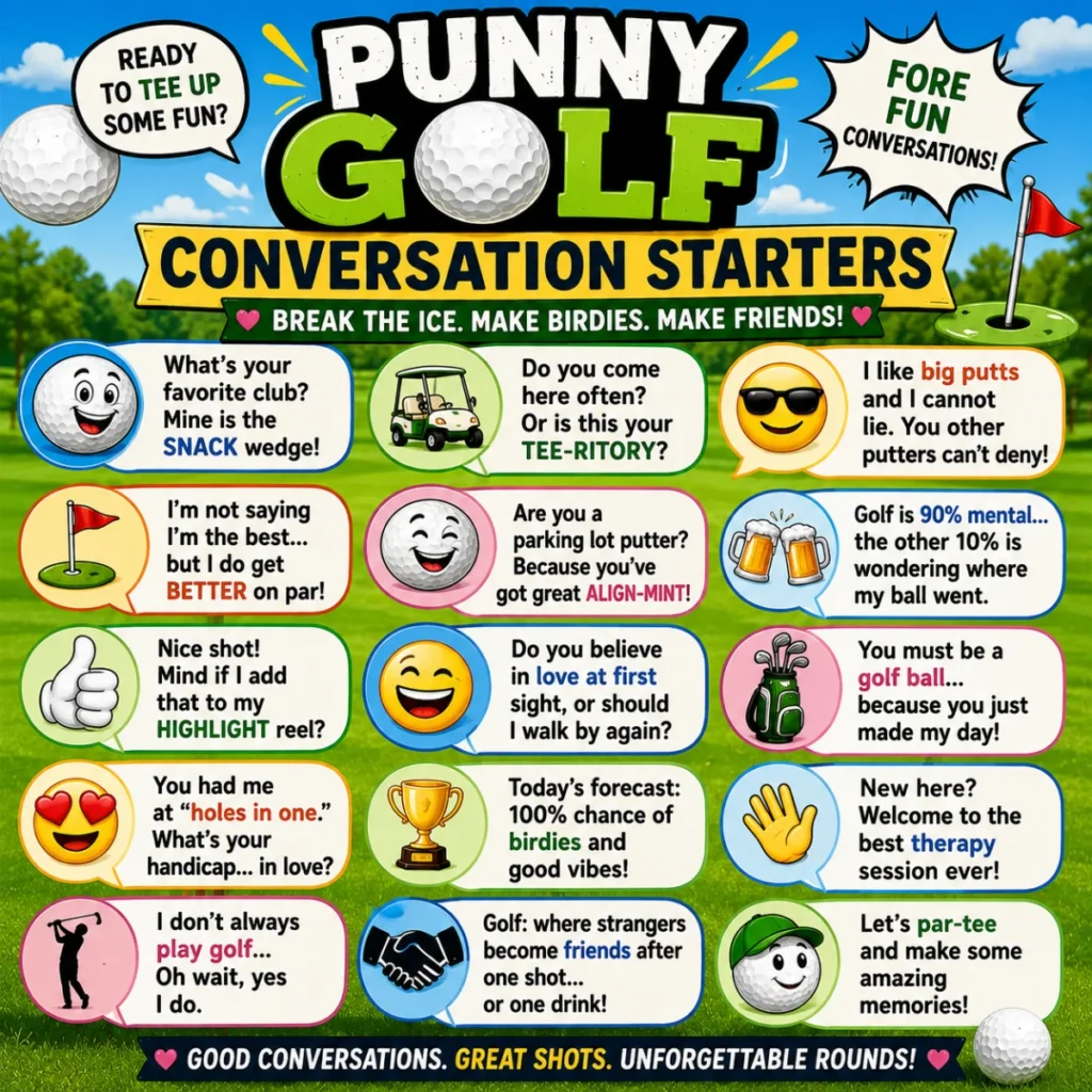 Bright 1200×1200 illustration of friendly golfers laughing together on a sunny golf course with smiling golf balls, comic speech bubbles, golf clubs, flags, and playful conversation starter puns.