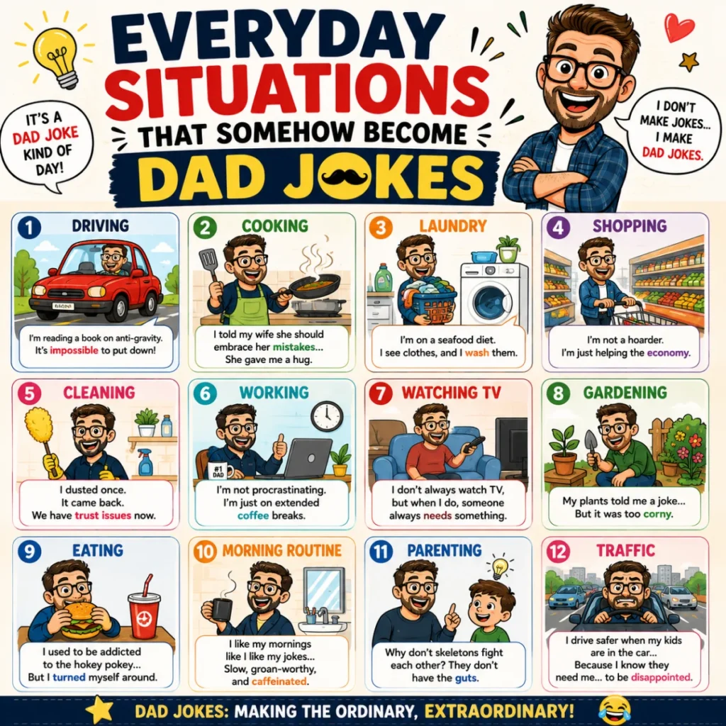 Vibrant 1200×1200 infographic featuring quick one-liner dad jokes with a happy cartoon dad, colorful comic panels, funny emojis, and playful speech bubbles.