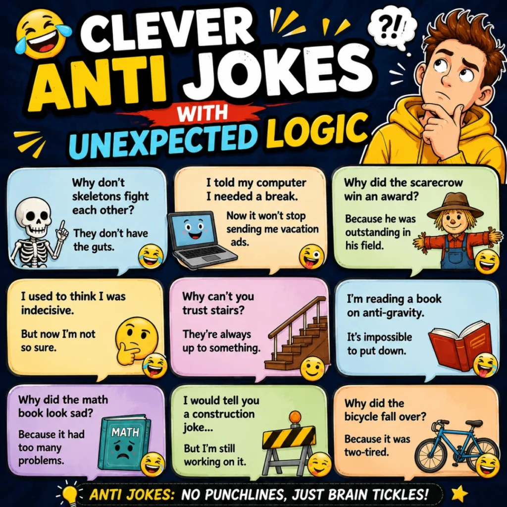 Colorful 1920×1080 hero image for “120 Funny Anti Jokes That Will Catch You Off Guard” with oversized comic text, laughing emojis, and a playful grid of logic-based anti-jokes.