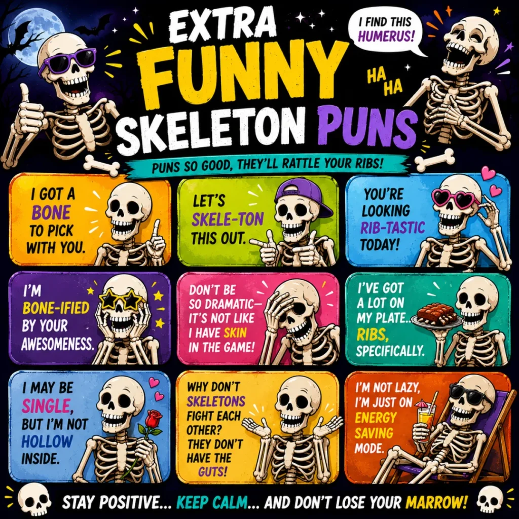 Colorful 1200×1200 bonus skeleton captions image featuring smiling cartoon skeletons, Halloween pumpkins, bats, and comic-style text for funny Instagram captions.