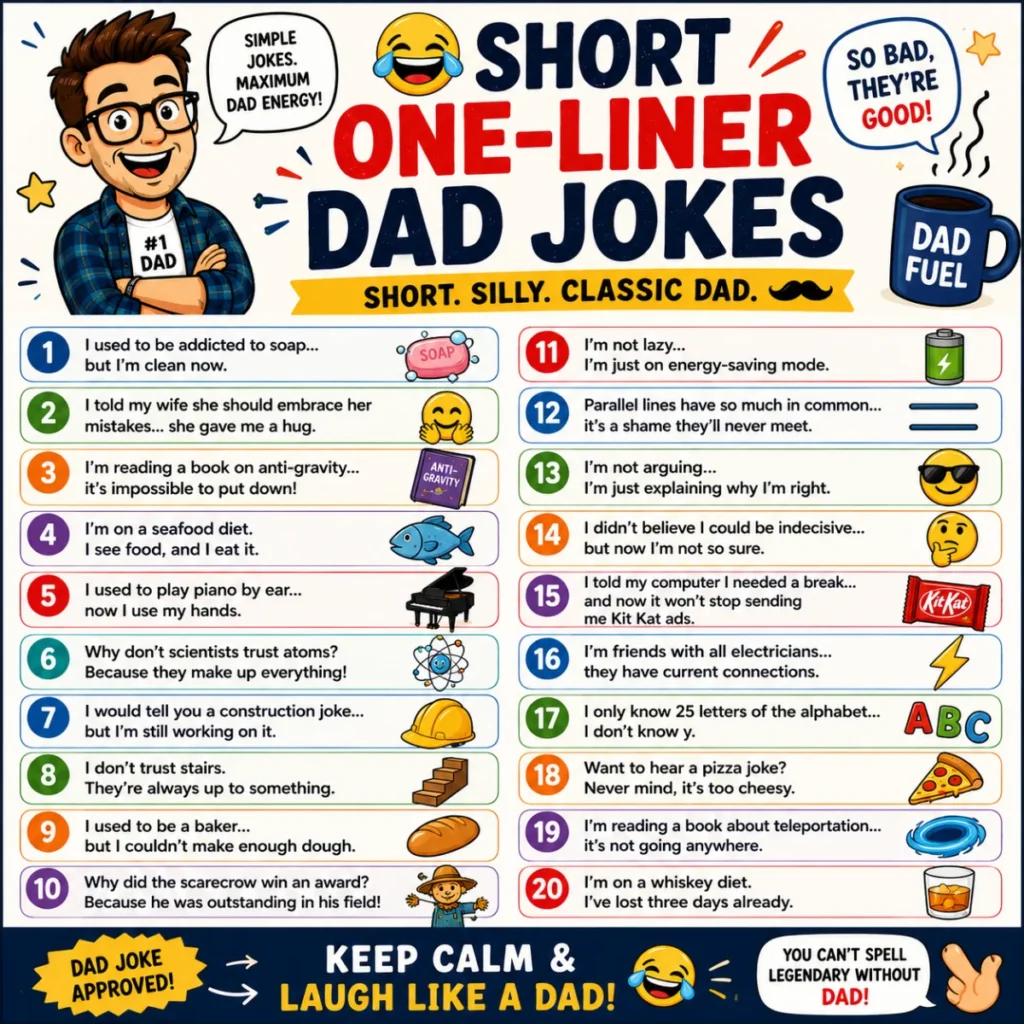 Bright 1200×1200 comic-style graphic featuring hilarious short one-liner dad jokes with a smiling cartoon dad, colorful speech bubbles, funny emojis, and playful illustrations.