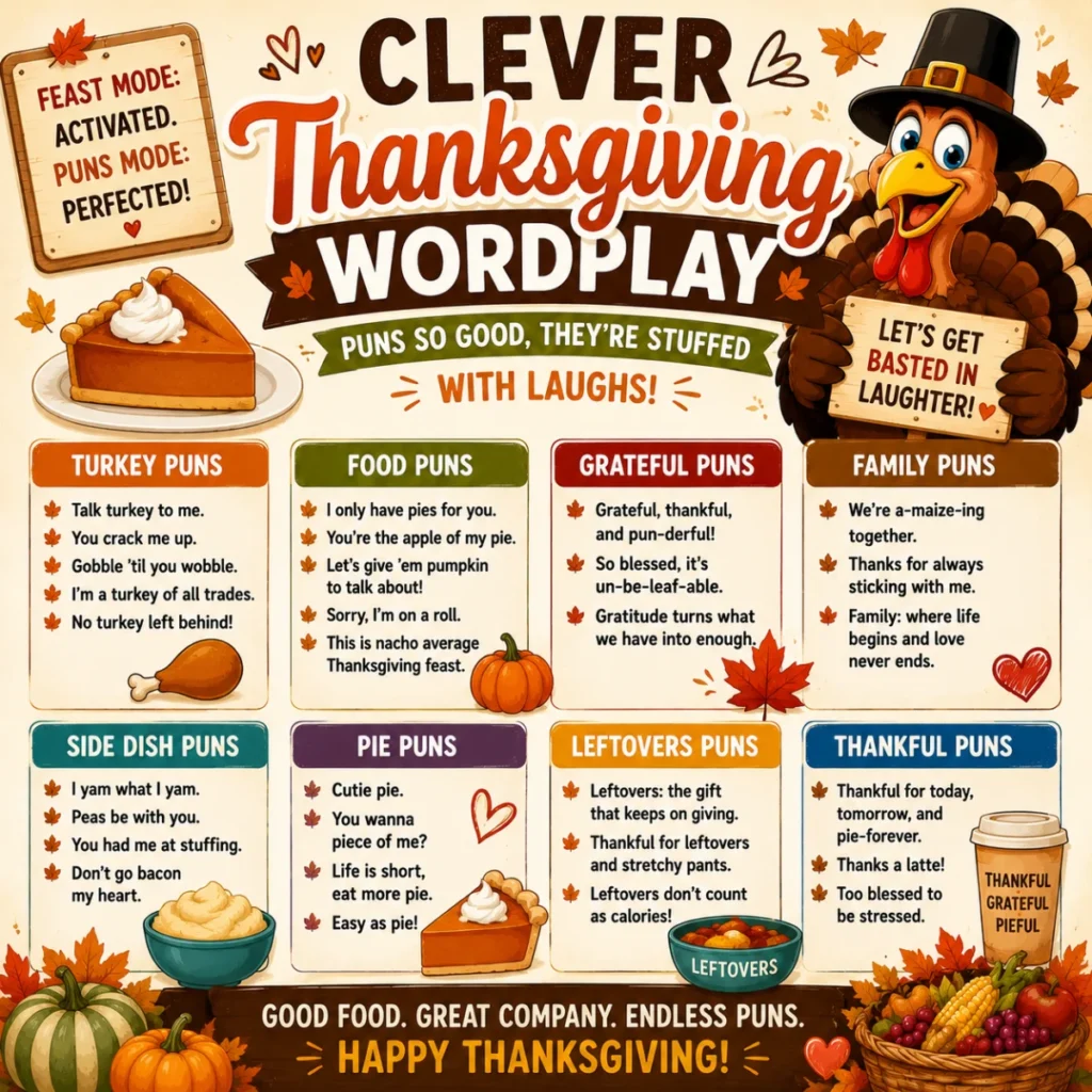 Festive 1200×1200 graphic showcasing Thanksgiving dad joke conversation starters with a happy turkey, autumn leaves, pumpkins, pie, speech bubbles, and playful holiday-themed illustrations.