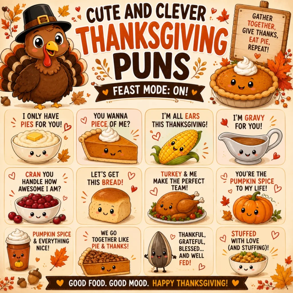 Festive Thanksgiving illustration featuring a happy cartoon turkey holding a sign, surrounded by pumpkins, pie, autumn leaves, and funny Thanksgiving puns for family gatherings, Friendsgiving, office celebrations, and holiday parties.