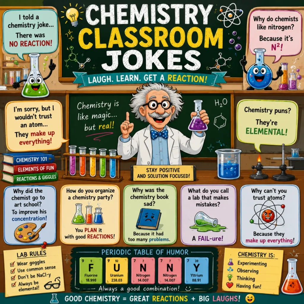 Colorful 1200×1200 illustration featuring clever science one-liners with happy cartoon scientists, beakers, flasks, atoms, microscopes, DNA icons, and humorous comic speech bubbles in a bright laboratory setting.