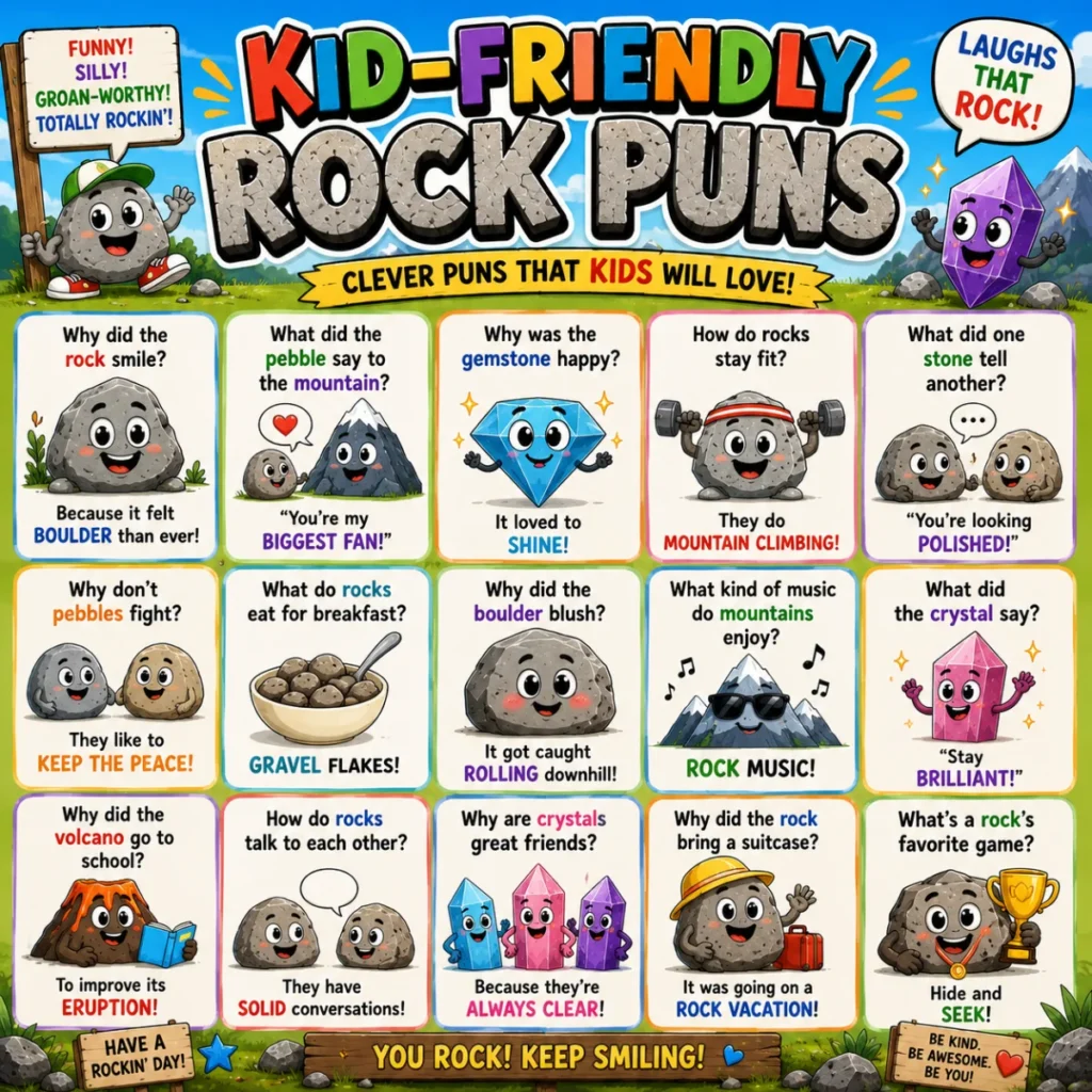 A vibrant square illustration of smiling cartoon rocks, sparkling crystals, pink hearts, and humorous rock-themed pick-up lines in a fun, romantic layout.