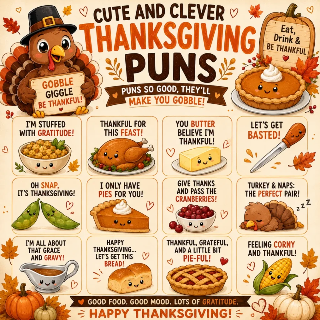 Bright 1200×1200 Thanksgiving-themed illustration featuring funny dad joke conversation starters, a cheerful turkey, pumpkins, colorful fall leaves, speech bubbles, and festive holiday decorations.