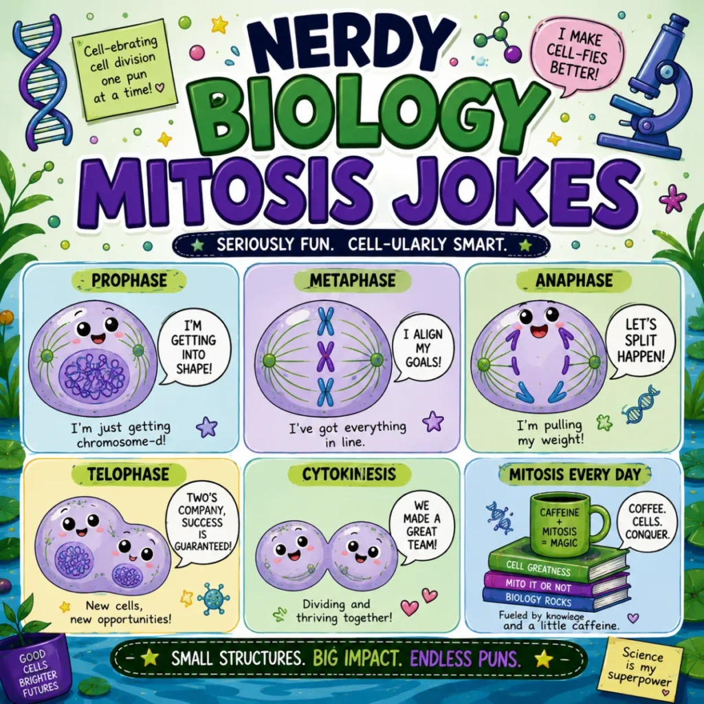 Vibrant 1920×1080 illustration featuring funny mitosis jokes with cartoon cells, chromosomes, DNA helices, laboratory tools, and humorous speech bubbles in a colorful science classroom theme.