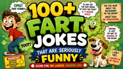 A colorful cartoon banner featuring a funny boy, smiling dog, green gas clouds, joke signs, and bold text for 100+ seriously funny fart jokes.