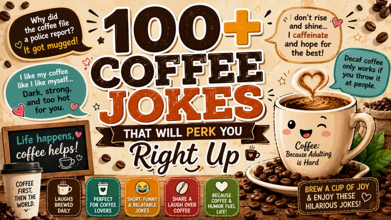 Colorful 1920×1080 coffee joke banner featuring a cheerful cartoon coffee mug, coffee beans, steaming coffee, playful speech bubbles, and bold “100+ Coffee Jokes” typography.