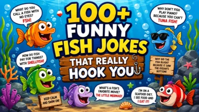 Colorful underwater cartoon banner featuring smiling fish, funny fish jokes, speech bubbles, coral reefs, and playful ocean characters with the title "100+ Funny Fish Jokes That Really Hook You."