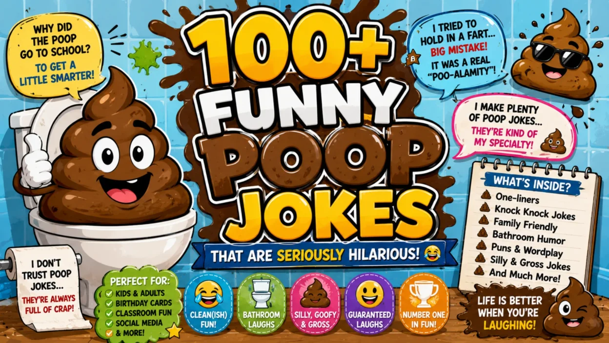 Colorful 1920×1080 cartoon banner featuring 100+ funny poop jokes, goofy poop characters, a bathroom setting, humorous speech bubbles, toilet graphics, and playful comedy icons.